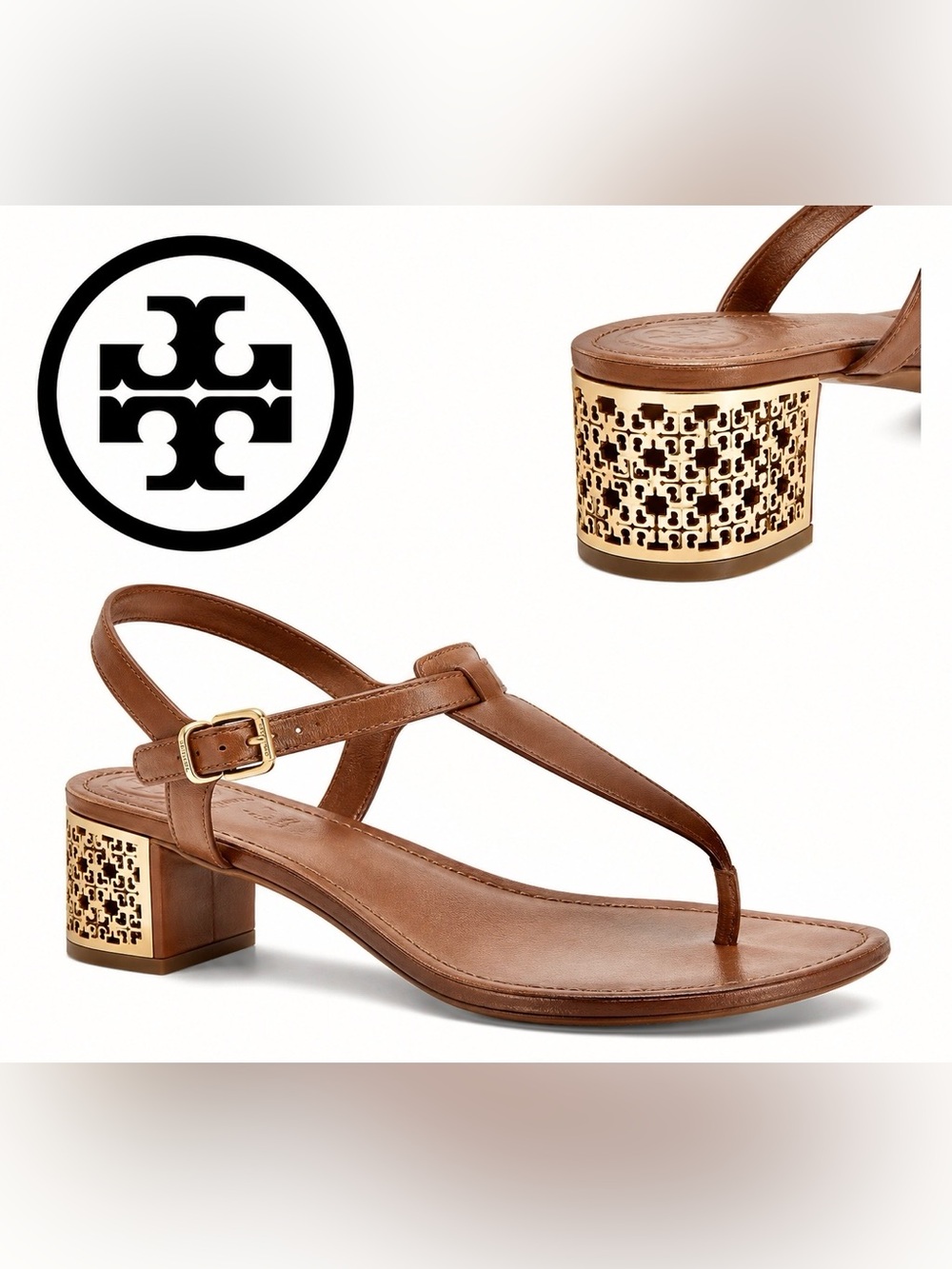 Tory Burch Leather Thong Sandals Block Heel Logo Hardware Brown 11M Brazil